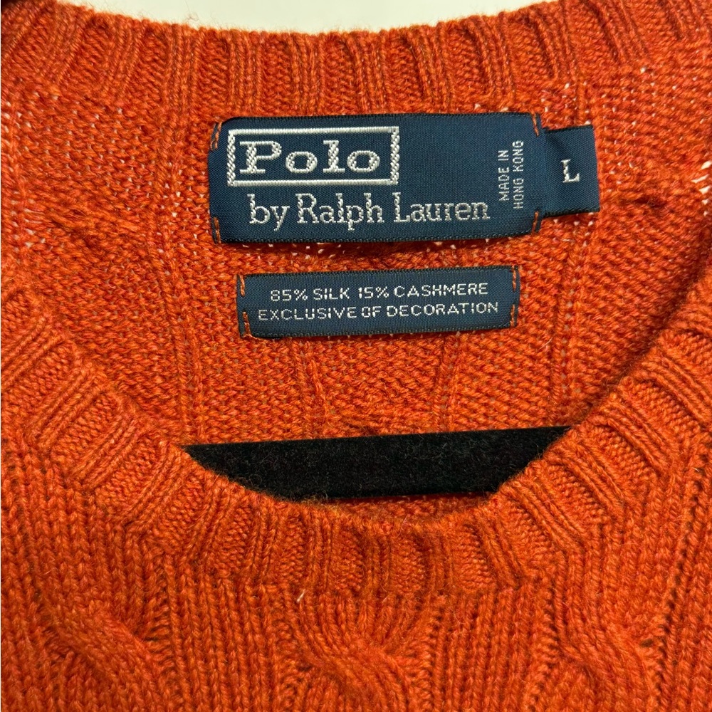 Polo By Ralph Lauren Men's Orange Cable Knit Crew Neck Sweater Silk Cashemere L - Picture 2 of 4